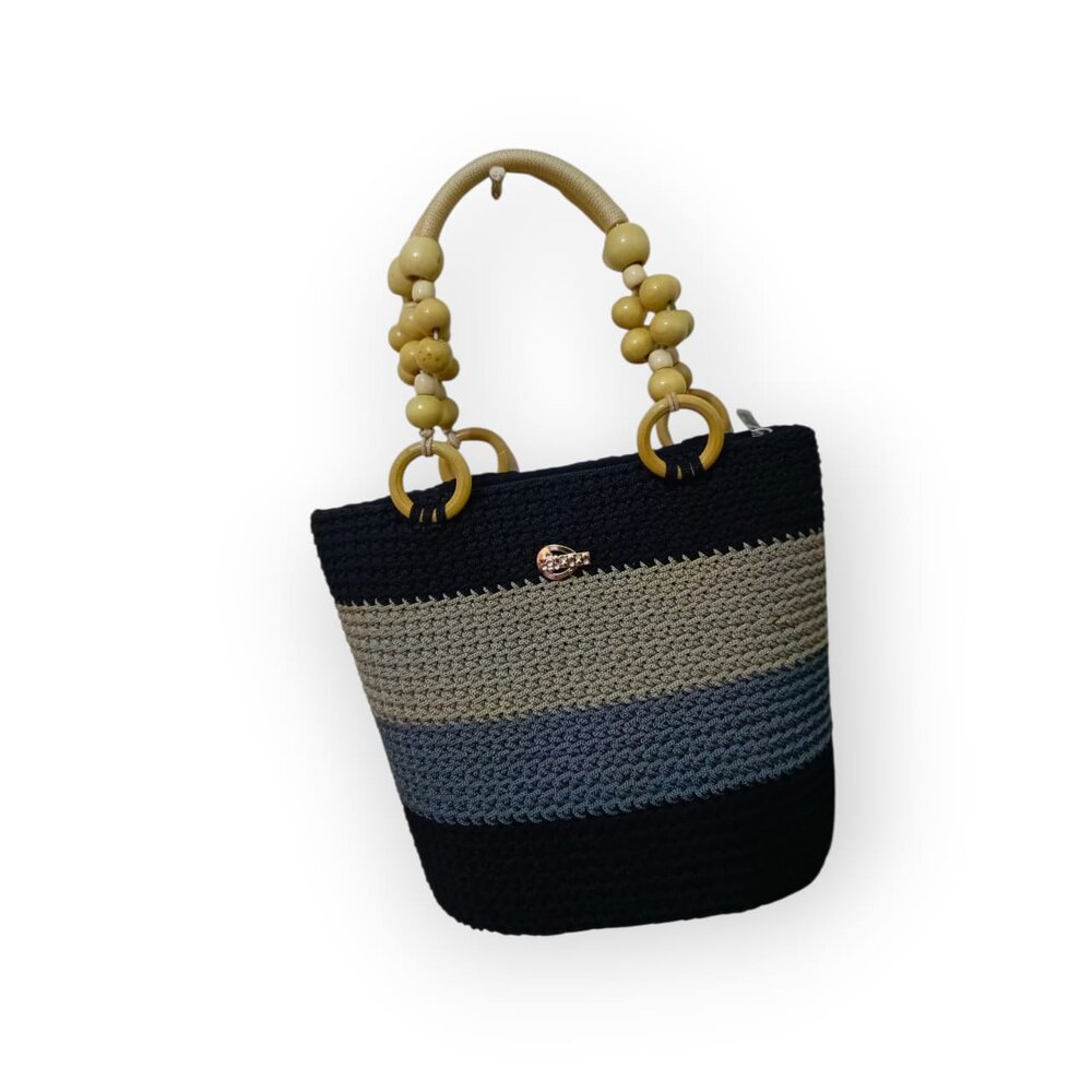 Handmade crochet bag with navy and beige stripes and beaded handles