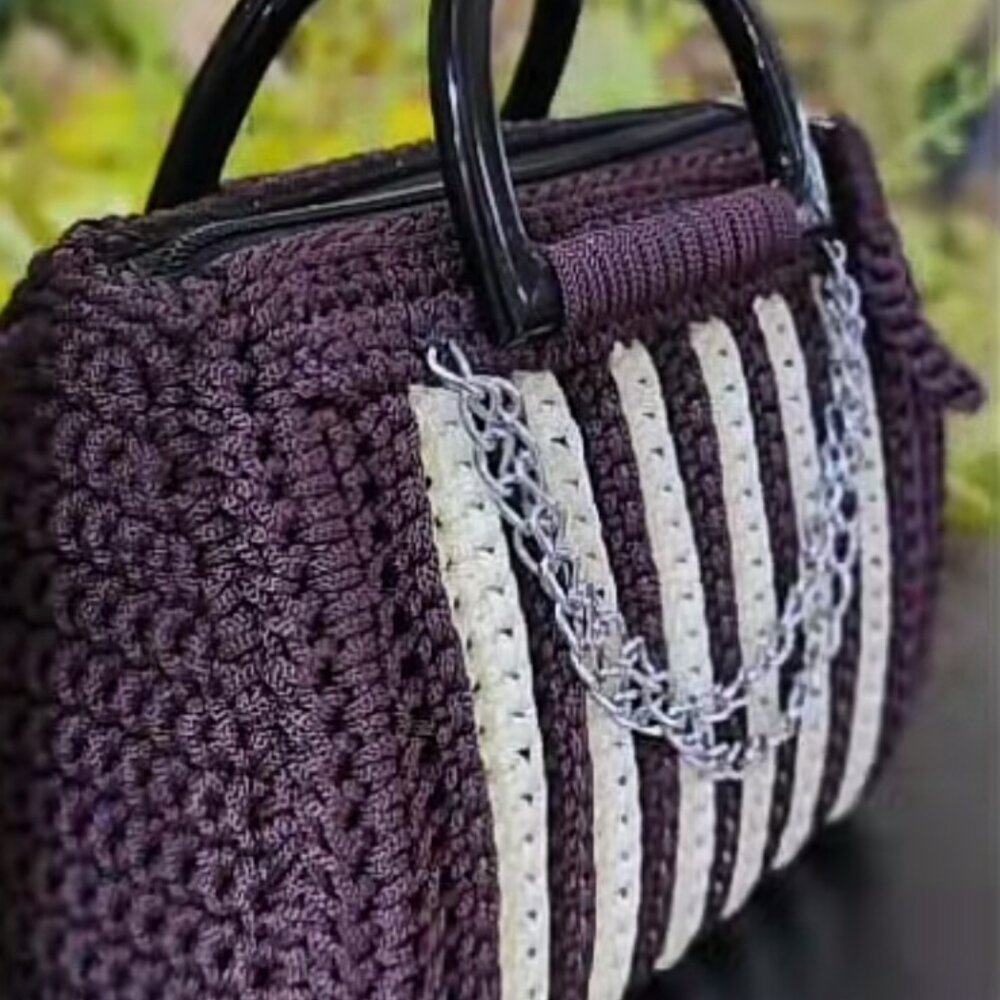 Royal blue and cream striped crochet handbag